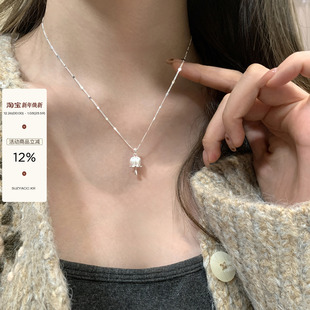 suzyacc kr水钻拉丝铃兰花纯银项链轻奢温柔气质小众高级感毛衣链