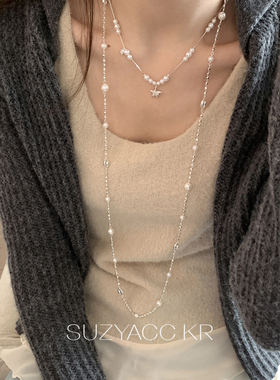 suzyacc kr小众精致仿珍珠猪鼻子蹦迪珠长项链气质高级春夏毛衣链