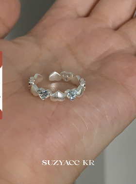 suzyacc kr小众设计蓝色爱心拉丝戒指小清新春夏食指戒轻奢指环女