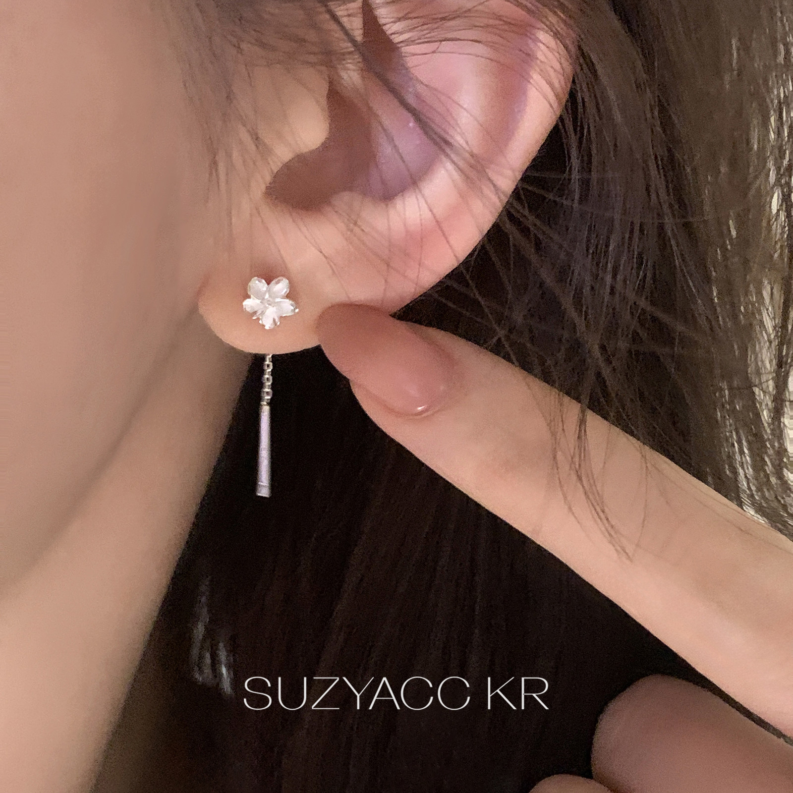 suzyacc kr纯银立体樱花长耳线简约小众设计耳饰独特漂亮温柔耳环