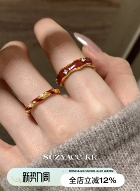 suzyacc kr本命年显白红色滴釉戒指圣诞新年小众气质食指戒指环女