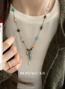 suzyacc kr松石绿串珠天然石项链复古小众个性游牧风设计感毛衣链
