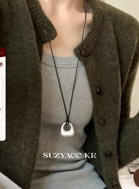 suzyacc kr极简风金属坨坨黑绳毛衣链女小众设计个性高级感长项链