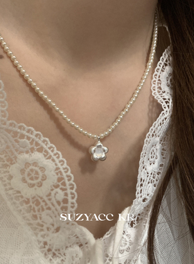 suzyacc kr小众拉丝贝母花朵珍珠项链女2025新款高级感轻奢锁骨链