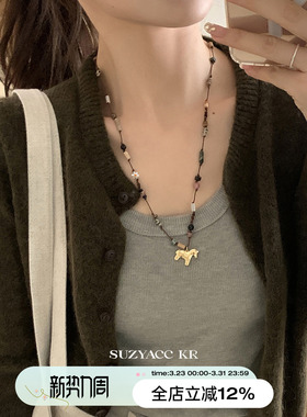 suzyacc kr复古彩色仿松石串珠小马项链小众设计感本命年毛衣链