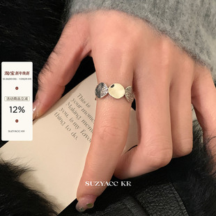 suzyacc kr轻奢高级感简约不规则圆片纯银做旧戒指重工复古食指戒
