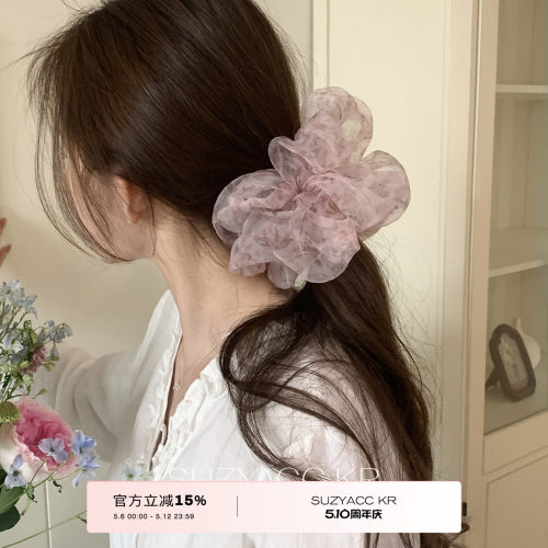 suzyacc kr大号蓬松欧根纱碎花发圈复古油画质感低马尾头绳头花女