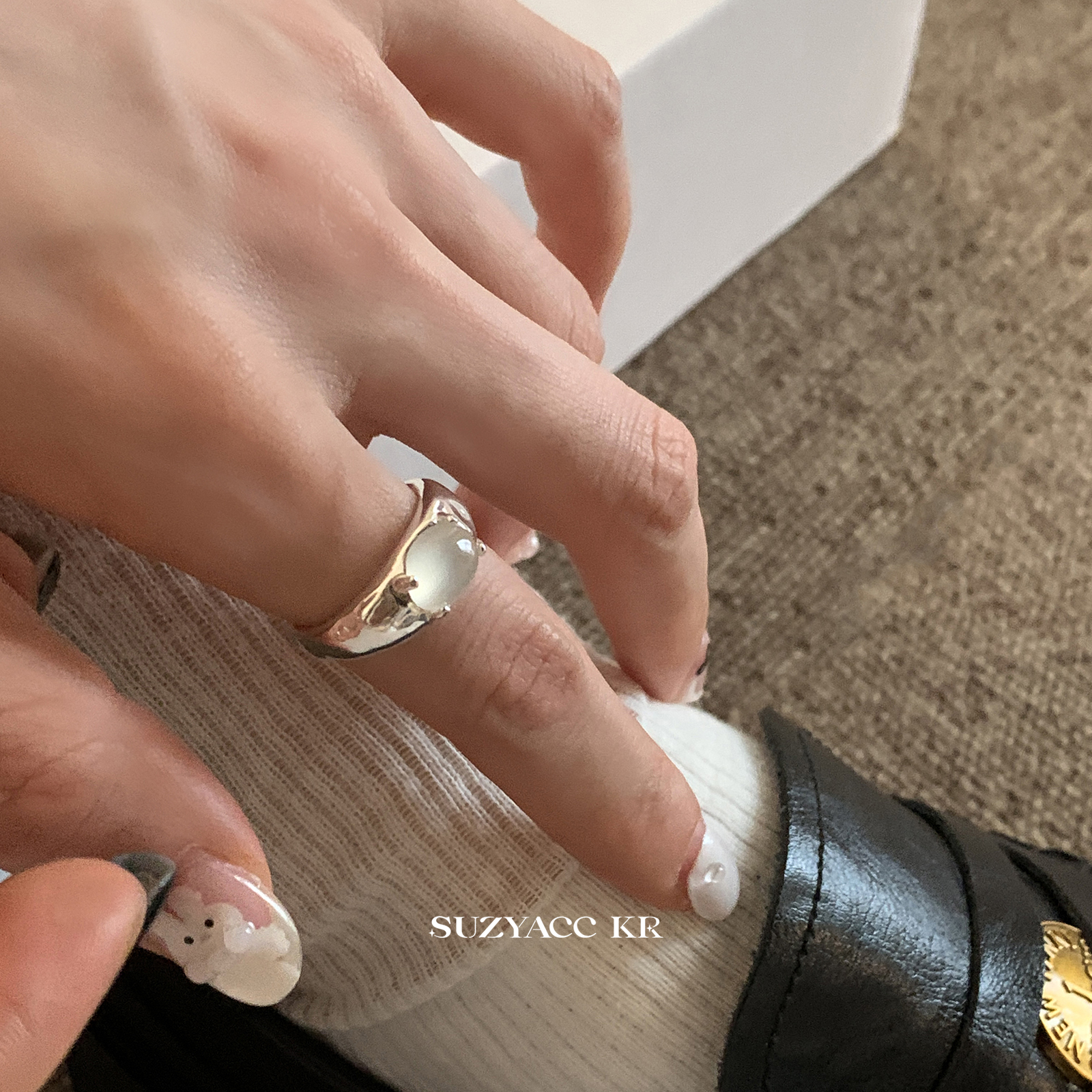 suzyacc kr荔枝白玉髓纯银戒指轻奢高级感食指戒中式简约高级指环
