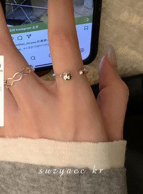 suzyacc kr轻奢高级感纯银双层波浪圆球开口戒指小众设计食指戒