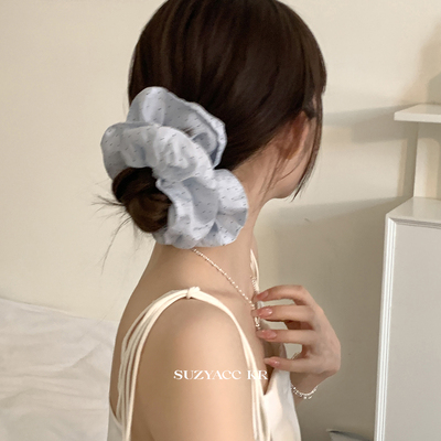 suzyacc kr波点褶皱水蓝色发圈小清新高级感后脑勺盘发头绳皮筋女