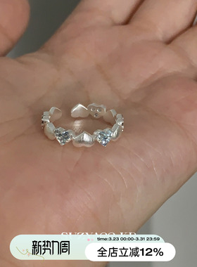 suzyacc kr小众设计蓝色爱心拉丝戒指小清新春夏食指戒轻奢指环女