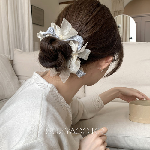 suzyacc kr网纱蕾丝边蝴蝶结大肠圈春夏小清新高级感低马尾盘发圈