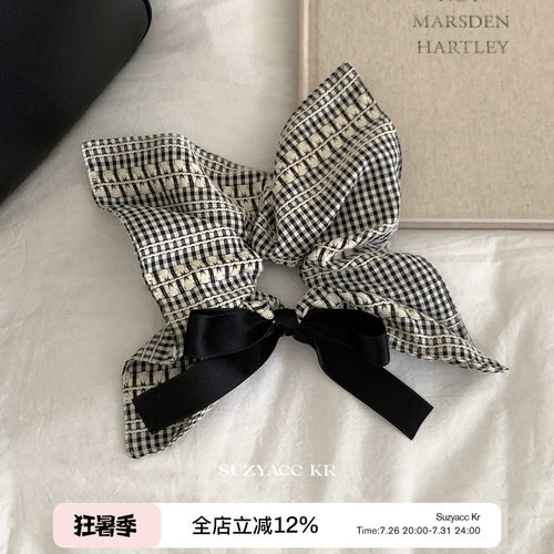 suzyacckr蝴蝶结格纹方巾大肠圈女日系小众高级感百搭扎头发发圈