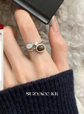 suzyacc kr虎眼石水钻双层戒指小众设计复古高级感食指戒质感指环