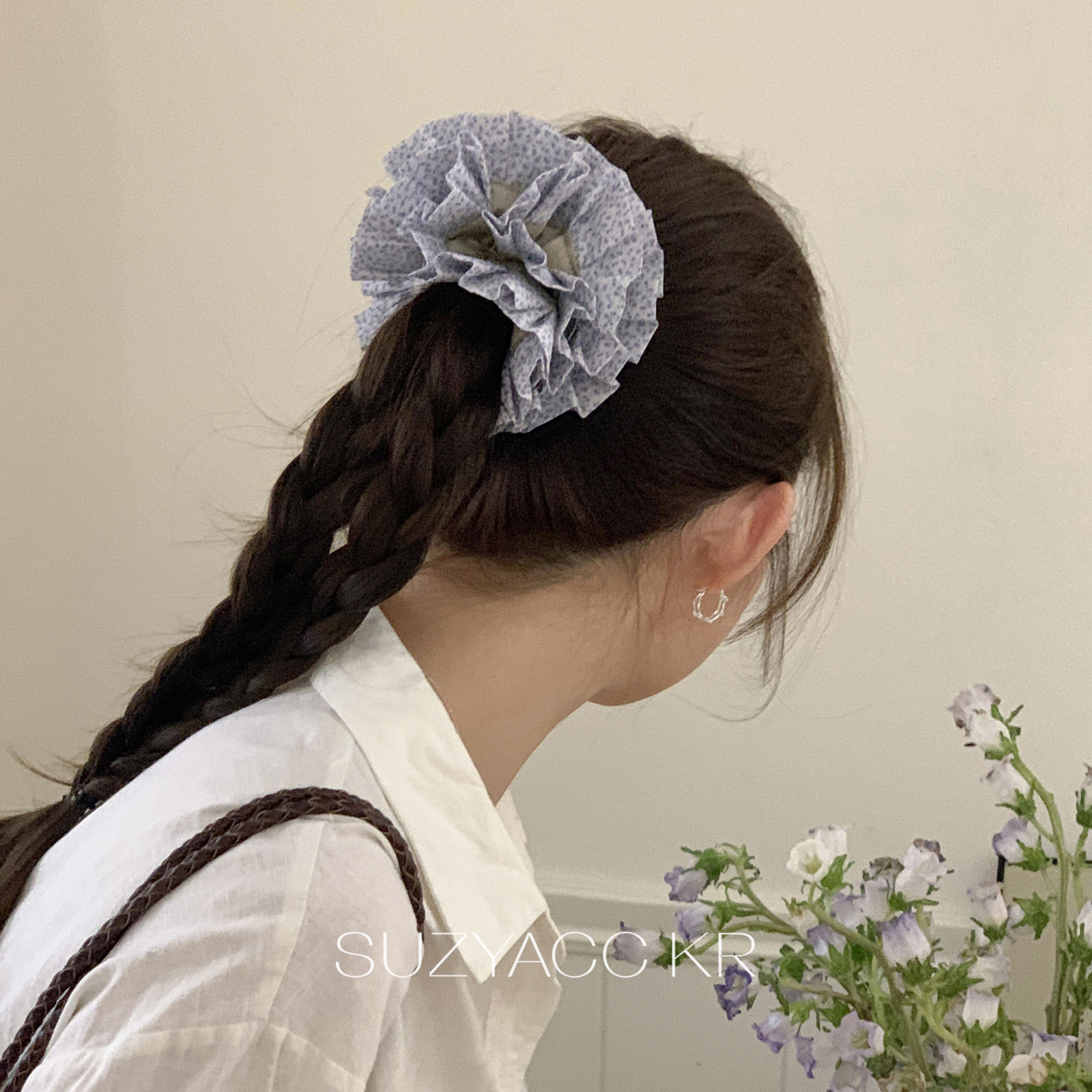 suzyacc kr法式碎花褶皱蓝色大肠圈春夏复古小众设计感麻花辫发饰