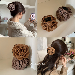 suzyacc 复古文艺后脑勺盘发夹半扎发饰女 kr布艺玫瑰花朵抓夹法式