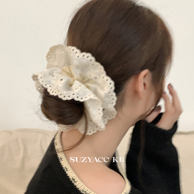 suzyacc kr奶油刺绣花边发圈丸子头低马尾气质法式复古丝绒大肠圈