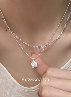 suzyacc kr合成锆石星星吊坠双层串珠项链温柔气质小众高级锁骨链
