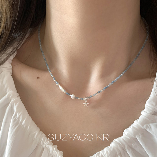 suzyacc kr蓝色海蓝宝纯银小鱼海星项链小清新显白高级气质锁骨链