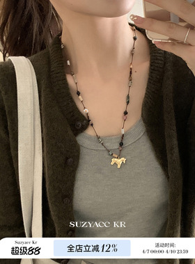 suzyacc kr复古彩色仿松石串珠小马项链小众设计感本命年毛衣链
