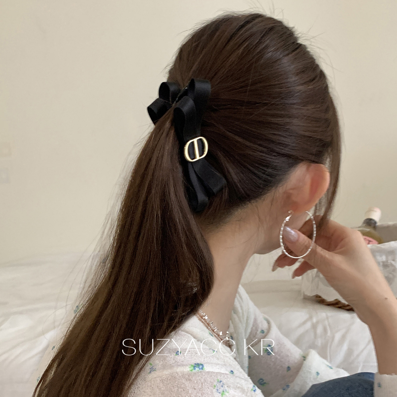suzyacc kr猪鼻子缎带蝴蝶结香蕉夹马尾夹发夹气质温柔高级发饰女图片