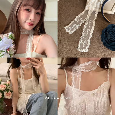 suzyacc kr超级出片多用途蕾丝飘带长丝巾女2025新款纯欲搭配围巾