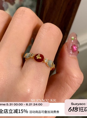 suzyacc kr红色滴釉蝴蝶结戒指轻奢高级食指戒可调节复古温柔指环