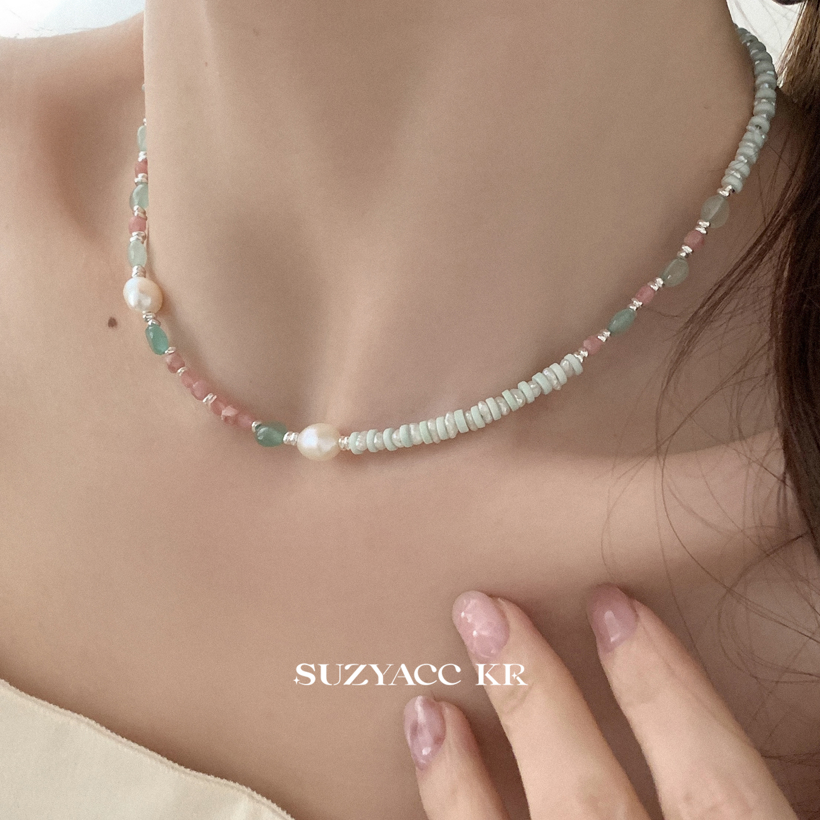 suzyacc kr国风天然石手工串珠纯银碎银子项链女款2024新款锁骨链