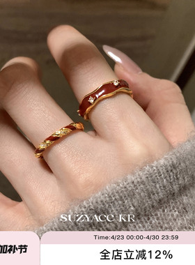 suzyacc kr本命年显白红色滴釉戒指圣诞新年小众气质食指戒指环女