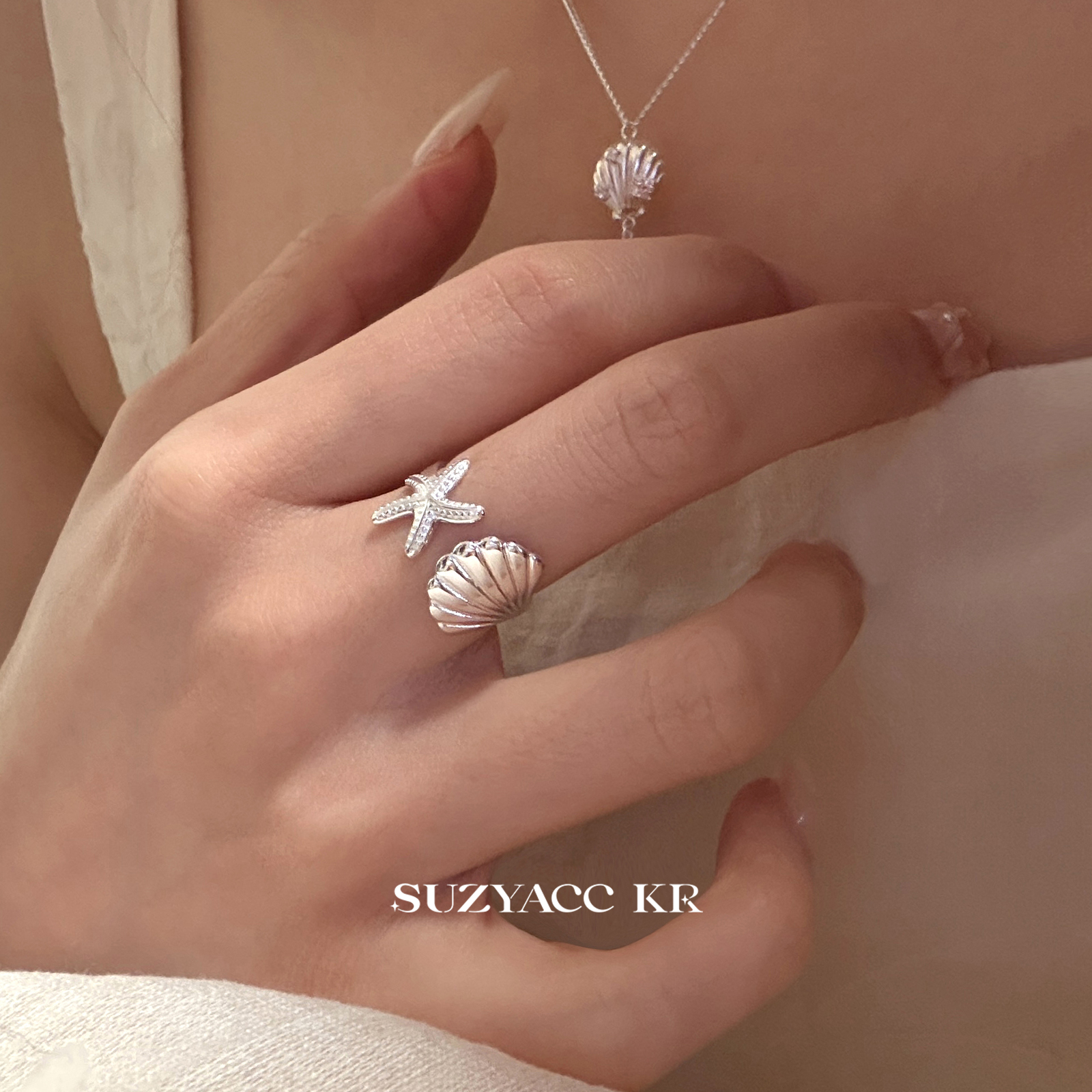 suzyacc kr春夏海星贝壳纯银戒指轻奢小众设计食指戒温柔气质指环