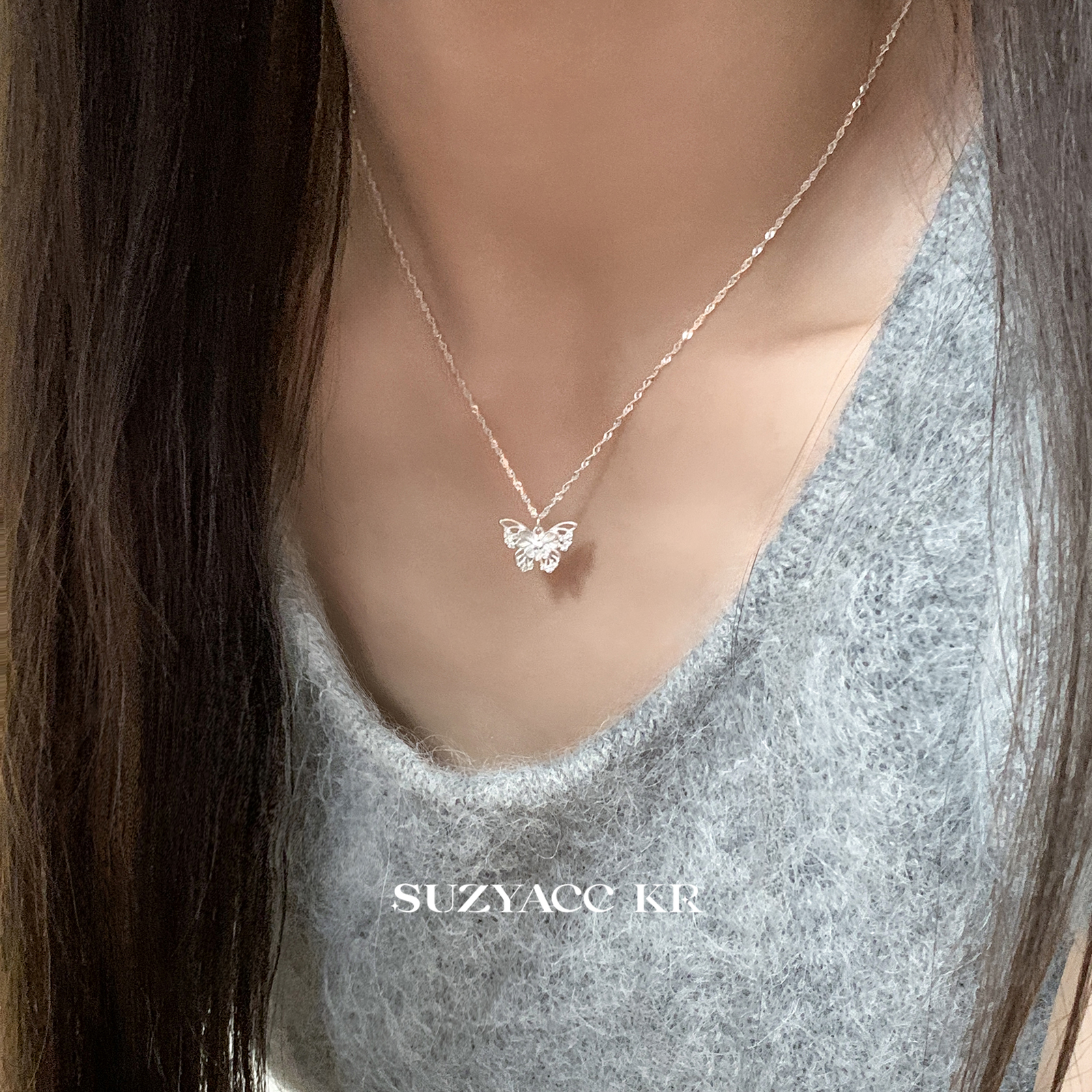 suzyacc kr纯银镂空蕾丝蝴蝶闪钻项链小众设计高级百搭毛衣锁骨链