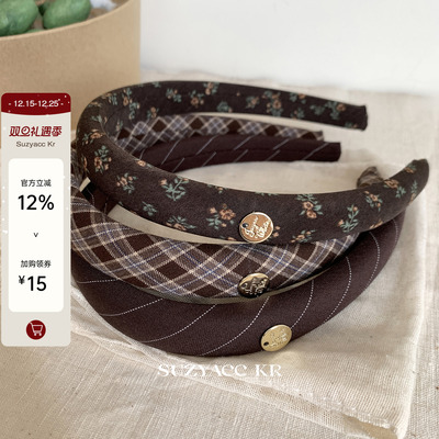 suzyacc kr秋冬美拉德格子碎花发箍女2025新款复古高颅顶发卡头箍