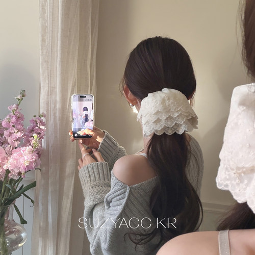 suzyacc kr温柔米色刺绣蕾丝发圈女早春高级感低马尾扎头发皮筋