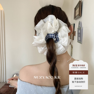 蓝色格子泡泡纱大肠圈小清新个性 任选4件 发饰低马尾头绳 99元