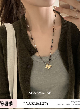 suzyacc kr复古彩色仿松石串珠小马项链小众设计感本命年毛衣链
