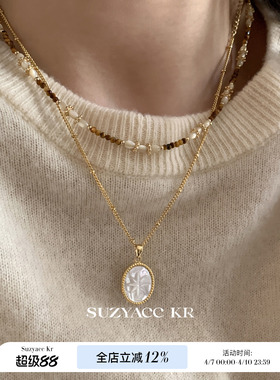 suzyacc kr个性定制白贝母椭圆吊坠项链复古小众设计串珠叠戴颈链
