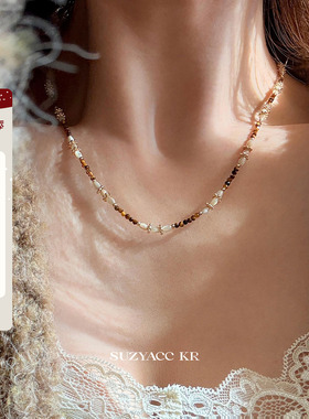 suzyacc kr复古美拉德咖色串珠项链女2024新款小众高级叠戴毛衣链