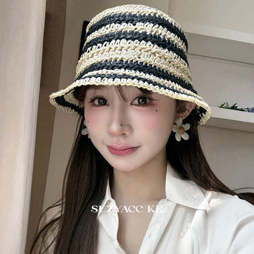 【99元任选4件】度假风条纹草帽防晒渔夫帽设计感遮阳帽显脸小