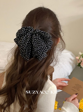 suzyacc kr氛围感波点雪纺蝴蝶结发夹女2025新款后脑勺盘发抓夹