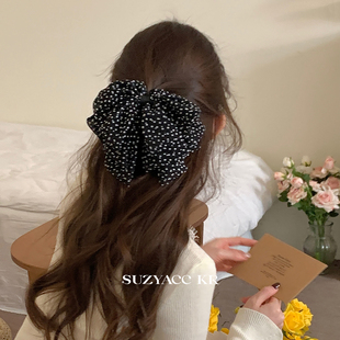 suzyacc kr氛围感波点雪纺蝴蝶结发夹女2025新款后脑勺盘发抓夹