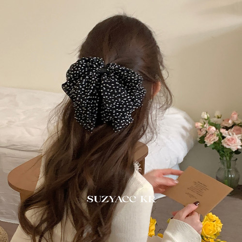 suzyacc kr氛围感波点雪纺蝴蝶结发夹女2025新款后脑勺盘发抓夹
