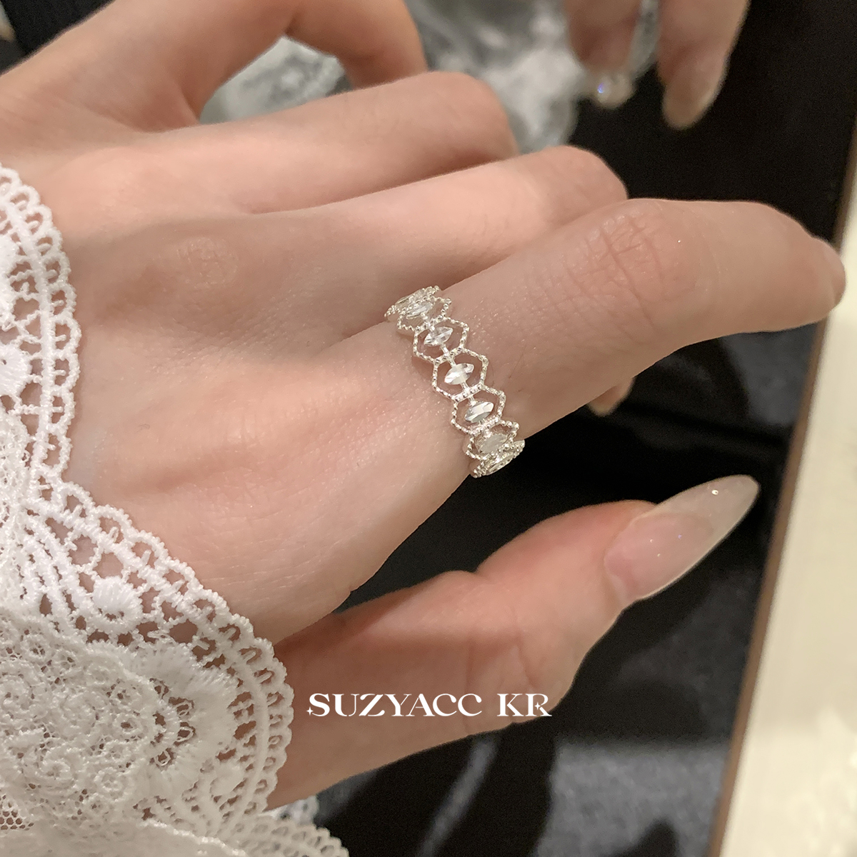 suzyacc kr纯银车花蕾丝镂空戒指温柔气质小众设计感食指戒指环女