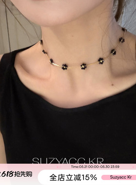 suzyacc kr黑尖晶雏菊花朵颈链复古小众个性设计感锁骨链夏季颈链
