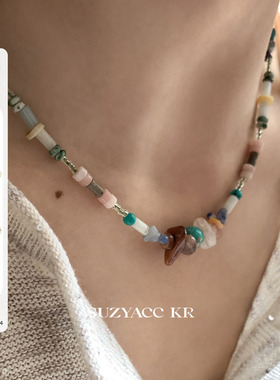 suzyacc kr森系彩色个性串珠项链2025新款复古小众设计感锁骨链