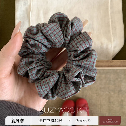 suzyacc kr复古做旧格子发圈早秋复古百搭高级小肠圈低调小众头花
