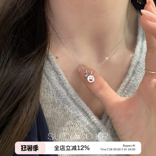 suzyacc kr纯银笑脸蓝钻项链2026新款小众设计感锁骨链百搭颈链女