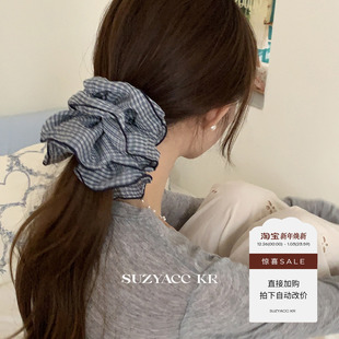 雪纺蓝色格子发圈低马尾丸子头皮筋高级感头饰 任选4件 99元