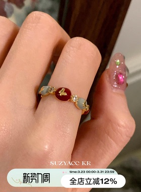 suzyacc kr红色滴釉蝴蝶结戒指轻奢高级食指戒可调节复古温柔指环