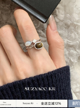 suzyacc kr虎眼石水钻双层戒指小众设计复古高级感食指戒质感指环