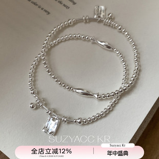suzyacc kr纯银圆珠小鱼方牌手链个性简约百搭高级感叠戴串珠手饰